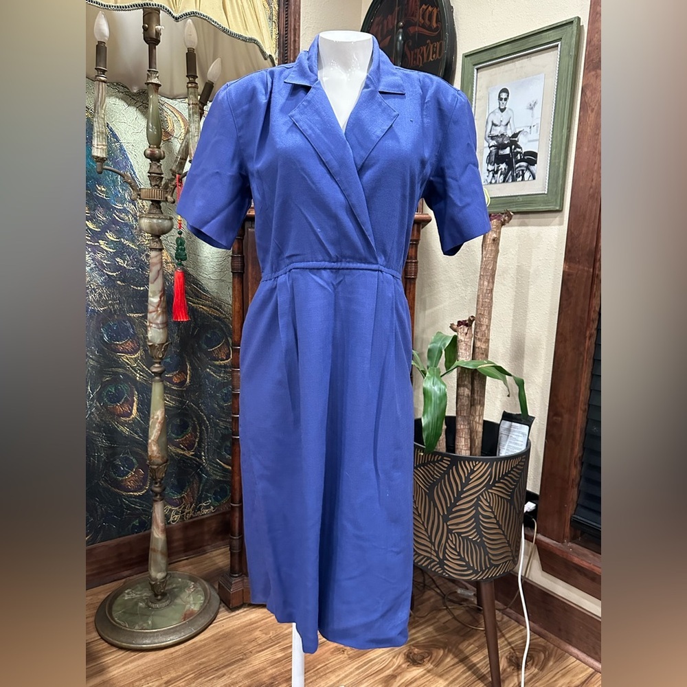 VINTAGE 1980’s Blue Puff Sleeve Sheath Midi Dress